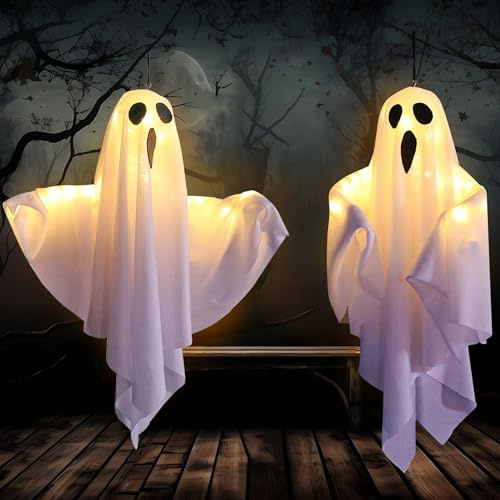 Kuataty 2 Stück Lichterkette Halloween Deko Geist Led Gruselig Hängend Geister mit Licht 3 Modi, Gespenst Halloween Dekoration Innen Outdoor für Party, Garten, Haustür, Terrasse (Weiß)