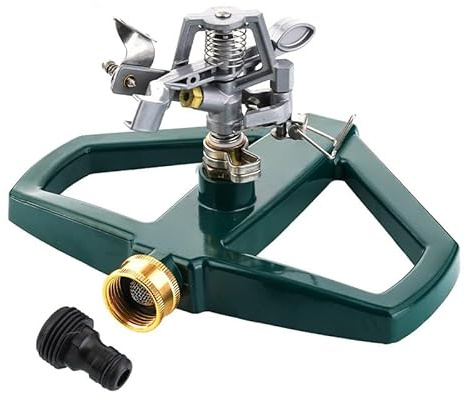 Aspersor automático de jardín giratorio 360° – Riego premium con impacto pulsado ajustable | Base de metal sólido (plateado) | Ideal para césped, jardín y espacios verdes