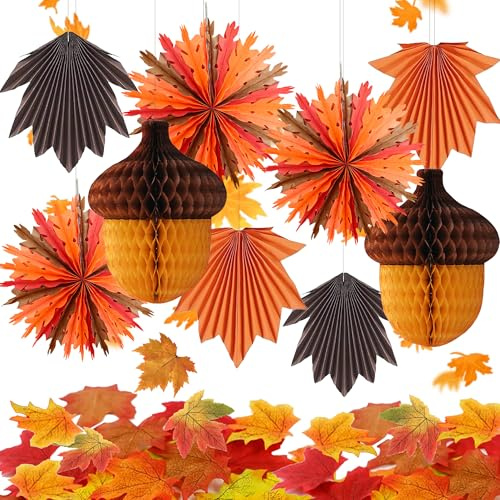 Syoulin Decorazioni autunnali, decorazioni per interni di Halloween, favi di miele di nocciola, ventagli di carta con foglie d'acero: ricrea senza sforzo l'atmosfera dell'autunno.