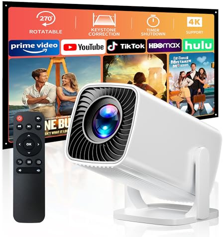 Mini Projector, Portable Projector 4K Support, Full HD 1080P Outdoor Projector, 270° Rotation Movie Projector, Compatible with Smartphone, TV Stick, Laptop, PS4, HDMI, USB (No WiFi or Bluetooth)