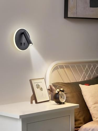 AstrizLamp Lámpara de pared Redonda LED, lámpara de Lectura de Mesita de Noche con Rotación Ajustable 160° foc 3W e Iluminación Indirecta 6W, Lámpara mural Interior Negra para Dormitorios Escaleras