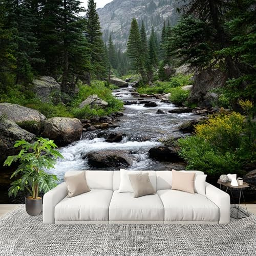 Mural Papel Pintado 3D 250x175cm Plantas De MontañA Y Arroyos Fotomurales Tejido No Tejido Antiarrugas Póster Verde Murales Fotográfico Moderno Decoración de Paredes