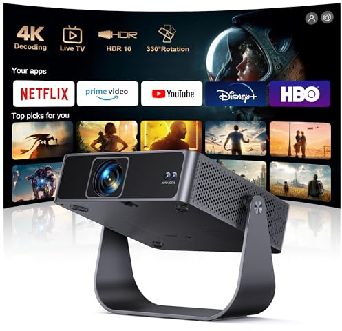 Smart Beamer【Kompatibel mit Netflix/Live TV/330° Drehbar】Mini Beamer 4K mit Autofokus/6D Trapezkorrektur, 1080P Full HD WiFi6 & Bluetooth Heimkino/Outdoor Mini Projektor 4K Tragbar für Handy/HDMI/PC