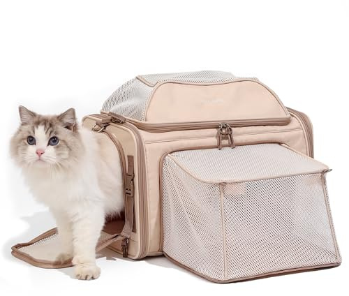 FUKUMARU Erweiterbar Katzenrucksack Hunderucksack für Katzen Hunde bis 9kg, weiche und belüftete Katzentransportbox, strapazierfähige Transportbox mit kratzfestem Netz, Rosa, 46 x 30 x 28 cm