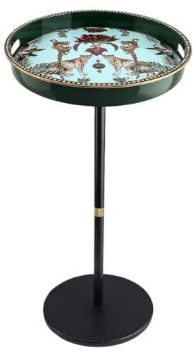 Gesodant Boho Single Leg Round Side Table with Tray Top, Pedestal Drink Table for Small Spaces, Aesthetic Accent Nightstand for Living Room, Bedroom, Corners, and Office (Green Leopard)