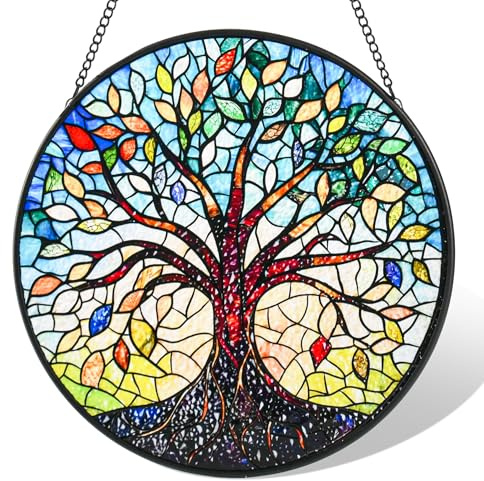 Stained Glass Window Hanging, Colorful Tree of Life Sun Catchers for Window Door Garden Kitchen Home Decor Suncatcher Decoration for Birthday Gift for Women, Men, Mom, Dad, Wife, Aunt and Nana 9.8 in