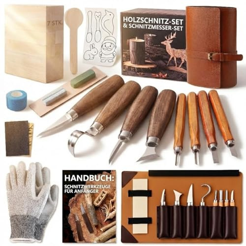 Bluvizo Schnitzwerkzeug Holz Schnitzset für Anfänger: Schnitzmesser 25-tlg. | Premium HolzSchnitzset mit Anleitung, Handschuhen und Lindenholz für Anfänger, Erwachsene, Hobby-Schnitzer & DIY-Fans