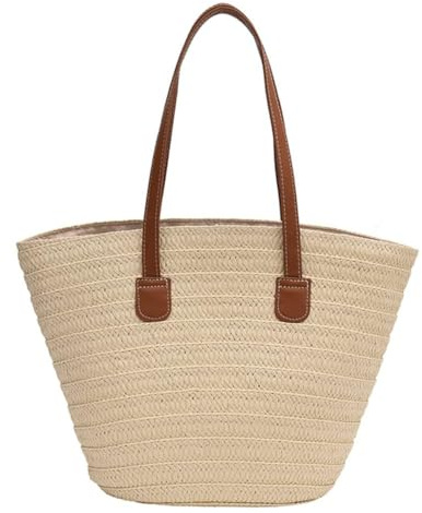 JIIENO Strohtaschen Damen, Sommer Strandtasche Stroh Groß Geflochten Korbtasche Stroh Handtasche Basttasche mit Reißverschluss und Leder Schultergurt für Strand Reise Einkau