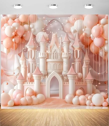 Toile de fond château rose pour photographie – Toile de fond pour arche de ballons princesse avec motif floral fantastique, toile de fond pour fête de princesse pour anniversaire, fête prénatale et