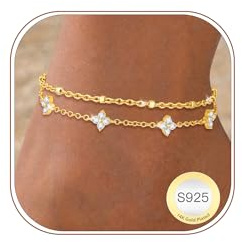 Fußkettchen für Damen Geschichtet Einstellbar Wasserdicht Strand Fußkette | 925 Silber Gold Verstellbare Boho Sommer Mehrreihige Herz CZ Perlen Seil Link Fussketten Set Fußschmuck Geschenk für Frauen