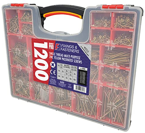 ORGANISER PRO 1200 ASSORTED YELLOW GOLD WOOD SCREW SET CHIPBOARD SCREWS POZIDRIVE IN PLASTIC BOX MIXED TRAY GENERAL PURPOSE WOODSCREWS TRADE PACK + 5 PZ2 BITS
