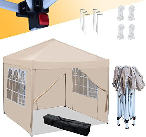 Mingone Faltpavillon Wasserdicht Pavillon 3x3m Stabil Partyzelt Pop Up Gartenzelt Weidezelt PE Bierzelt UV Schutz 50+ Festzelt mit 4 Seitenteilen，Beige