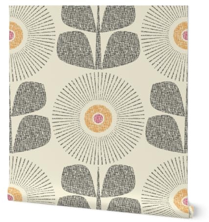 Peel & Stick Wallpaper Swatch - Mid Century Modern Retro Floral Large Scale Neutral Gray Cream 1950S 1960S Look Custom Removable Wallpaper by Spoonflower