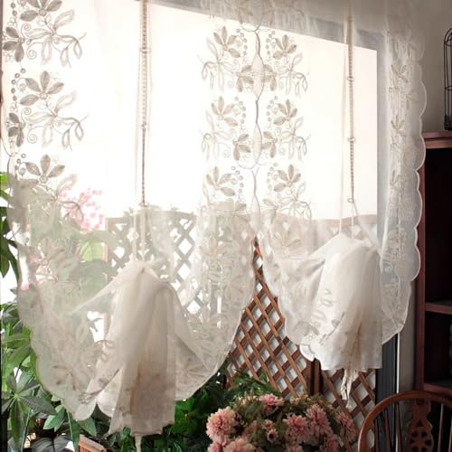 A.Monamour Rideau de Cuisine Court Petit Transparent Blanc en Voile Brodé Dentelle Florale À Nouer Brise-bise avec Ballon Stores Romains à Disques Passe-Tringle, 2 Pièces