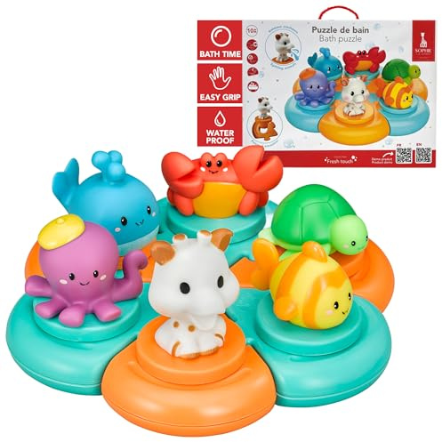 Sophie la Girafe - Schwimmendes Badepuzzle Meerestiere Baby ab 10 Monaten | Spritzt Wasser unter Druck | Wal, Krabbe, Schildkröte zum Zusammenbauen | Motorik- und Logik-Lernspielzeug | Geschenkidee