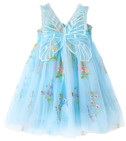Miipat Klänning för bebis, flicka, tyll, fjäril, ung, barn, flicka, sommar, ärmlös, broderad, blomma, prinsessa, bröllopsfest, födelsedagsfest, klänningar för flickor, Ljusblå, 5-6 ans