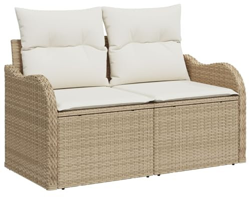 vidaXL Gartensofa mit Kissen Beige 121 x 62 x 69cm Poly-Rattan, Garten und Terrasse, modern, robuster Outdoor-Sofa, rechteckige 2-Sitzer, Poly-Rattan Couch, minimalistisches Sitzmöbel