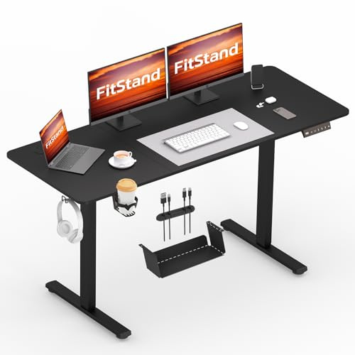 FitStand 140x60cm Electric Height Adjustable Standing Desk, Sit Stand Desk, Computer Desk With Hooks, Cupholder, Memory Function, Suitable For Office And Home - Black