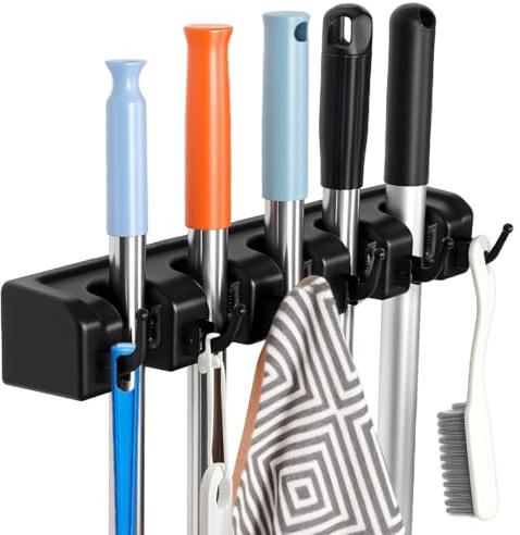 KMASHI Broom and Mop Holder, Wall Mounted Organizer Mop and Broom Storage Tool Rack with 5 Ball Slots and 6 Hooks (1PACK)