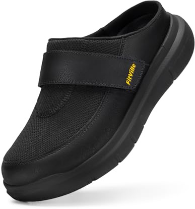 FitVille Wide Fit Slippers for Men Slip On Mules Clogs for Swollen Feet, Jet Black, 9, Wide