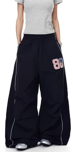 Xinor Pantaloni Cargo Donna Y2K Streetwear con Strisce Riflettenti Vita Elastica Baggy Parachute Pants a Gamba Larga Hip Hop