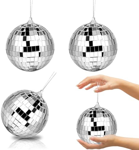 3Pcs 10cm Disco Ball Decorations, Mirror Ball Sparkly with Hanging Ring, Silver Glitter Balls, Hanging Disco Light Mirror for 70s 80s DJs Party Wedding Birthday Cake Topper Christmas Tree Decor