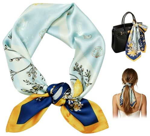 Cyiecweu Sciarpa in seta leggera da donna, bandana, foulard, sciarpa elegante, regalo per donne/mamma/nonna, Blu/verde, 65x65cm