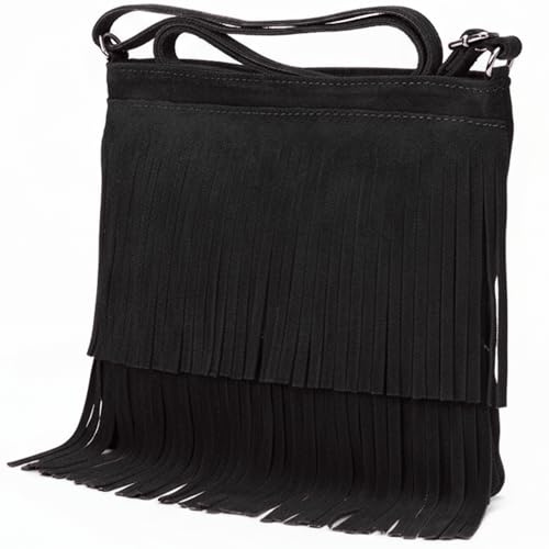 LiaTalia Womens Fringe Handbag - Real Italian Suede Leather - Tassle Effect Shoulder Bag in Small Size - Robin