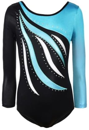 MORESAVE Gymnastikanzug für Mädchen, glitzernde glänzende Stickerei, langärmelig, Gymnastikanzug, Ballett, Tanz, Turnanzug, einteiliges Übungsoutfit, blau, 7-8 Jahre
