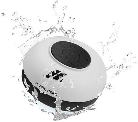 Music Hero Speaker 3W con ventosa, tasti per musica e chiamate, microfono integrato e vivavoce, protetto dall'acqua per utilizzo in doccia, bagno, piscina e cucina, colore bianco