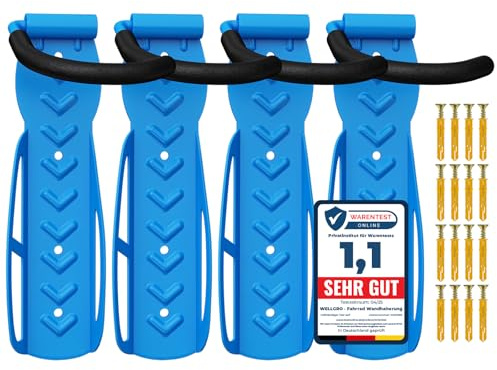 4 x WELLGRO Wand Fahrradhalter - Stahl Fahrrad Wandhalterung - Fahrrad Haken - Fahrradständer - Ständer - Farbe wählbar, Farbe:Blau