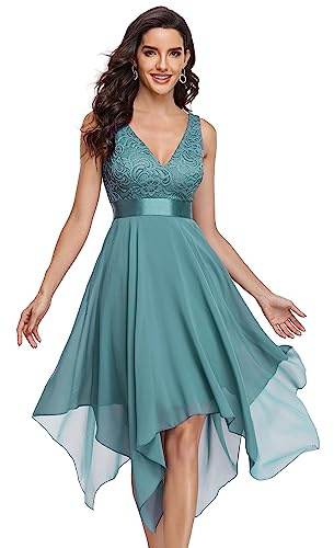 Ever-Pretty Vestidos de Fiesta para Mujer Corte Imperio Escote en V A-línea con Encaje Gasa Vestido de Noche Azul Polvoriento 38