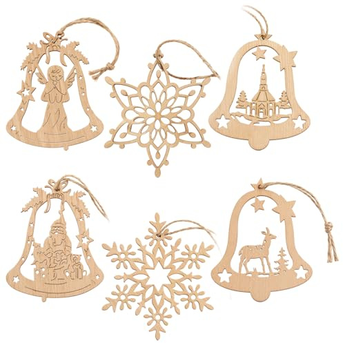 com-four® 6X Tannenbaumschmuck Holz-Anhänger Set, Weihnachtsbaumschmuck | Christbaumschmuck in Glockenform und im Schneeflocken-Design