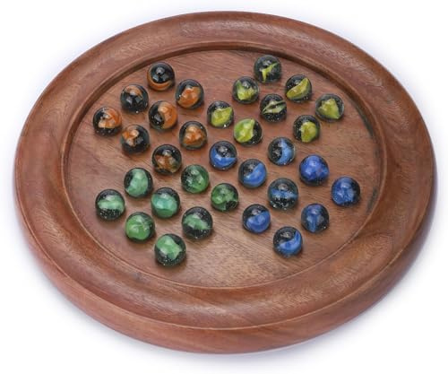 Ajuny Classic Solitaire Handgefertigtes Brettspiel aus Holz mit 4 Farbigen Murmeln, lustige Tischspiele im indischen Vintage Design – ideal für Familienspaß und als Dekoration für das Zuhause