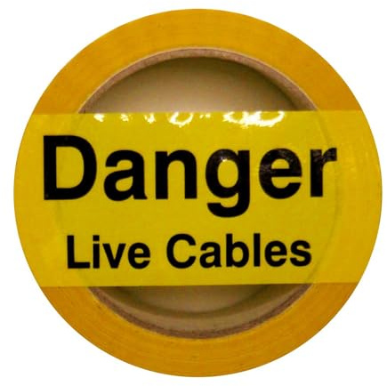 iSigns Hazard Warning Tape (Danger Live Cables) – 1 Self-Adhesive Roll (48mm x 33m, Yellow & Black) – Danger Tape for Live Cables, Laminated & Waterproof – UK Safety Sign Manufacturer Since 1994