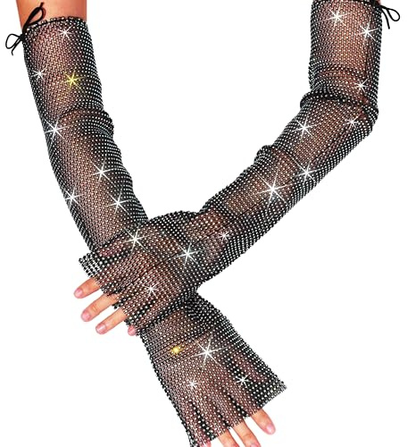 GEMILY Fischnetz Strass Rave-Handschuhe fingerlose Netz-Armstulpen für Damen, Schwarz Weiß, Einheitsgröße