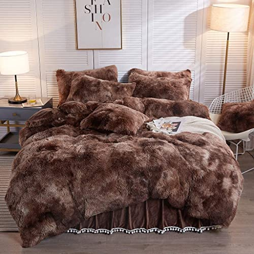 Nyescasa Plüsch Bettwäsche 155x220 cm Braun Beige Winter Warme Flauschig Langhaar Flausch Biber Wende Bettwäsche Set Microfaser Bettbezug mit Reißverschluss und Kissenbezug 80x80cm