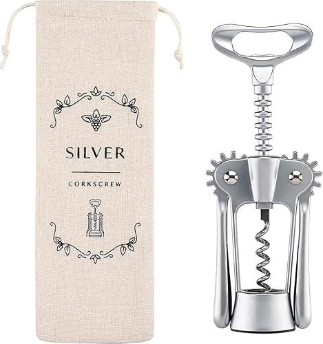 Sacacorchos con aletas, abrebotellas con funda de algodón. Calidad hotelera y restauración. Sacacorchos de palanca para fácil apertura de botellas de vino (Silver)