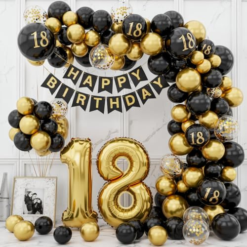 envami® 18 Geburtstag Deko I Schwarz-Gold I 18 Geburtstag Mädchen Junge Geburtstagsdeko 18 Luftballons 18 Ballon Zahl 18 Dekoration 18 Mädchen 18 Ballon Dekoration Girlande