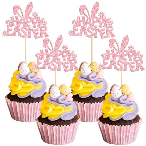 Gyufise 24Pcs Easter Cupcake Toppers Pink Glitter Bunny Ear Cake Decorations for Happy Easter Themed Baby Shower Kids Birthday Party Supplies