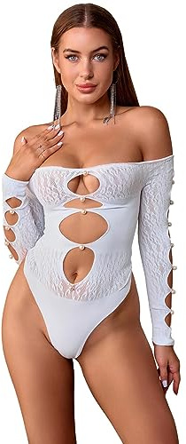 Bommi Fairy Women's Sexy Off Shoulder Long Sleeve Bodysuit Cute Tops Cut Out Front Mesh Tight One Piece Teddy Bright Artificial Pearls Bodystocking