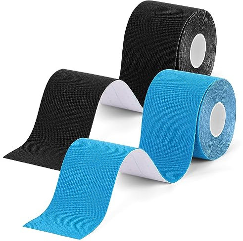 ACWOO Nastro Kinesiologico, 2 Rotolo 5cm x 5m Tape Kinesiologico, Sport Nastro Fisioterapiche Impermeabile, per Ginocchio, Spalla e Gomito, Supporto Sport, Recupero da Infortuni(Nero+Blu)