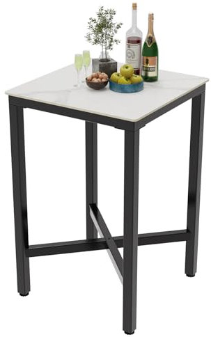 FATIVO Bartisch Weiß Bistrotisch Marmor, Eckig Stehtisch Küche Schmal Stabiler Küchentisch mit Metallgestell für Küchen 70x70cm