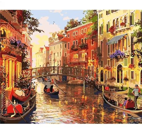 Venedig Landschaft Malen nach Zahlen Erwachsene ohne Rahmen Malen Nach Zahlen Kits DIY Ölgemälde Leinwand Gemälde Set mit Pinsels und Farbe Acryl Malerei für Erwachsene Geschenk für Home Deko,50x65cm