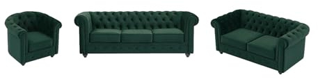 Vente-unique - Canapé 3 Places, 2 Places et Fauteuil en Velours Vert Chesterfield