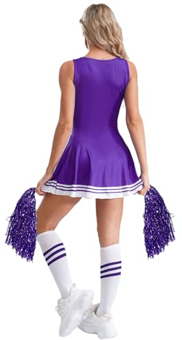 TTAO Déguisement de Pompom Girl Femme Costume de Cheerleading sans Manches Uniforme de Pom-Pom Girl avec Pompoms Chaussettes Costume Carnaval Halloween Spectacle S-XL Violet XL