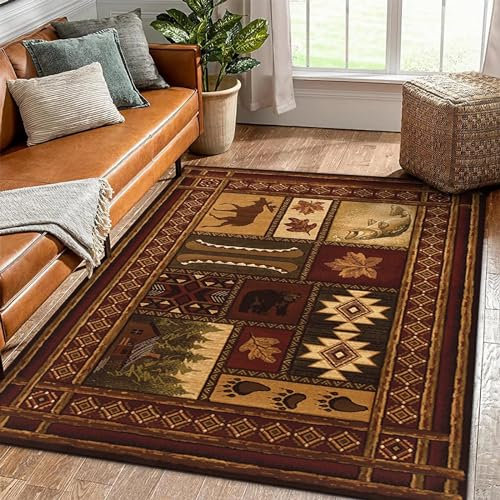 Tzvpsu Dekoration Braun-gelb-roter Retro-Muster-Design, Langlebiger, Rutschfester Teppich,bettvorleger rutschfest,Teppich weich 80x120cm