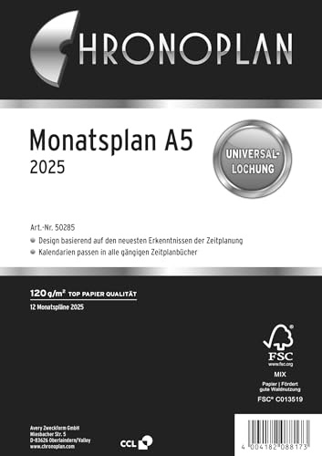 Chronoplan 50285 Kalendereinlage 2025 (Monatsplan A5 (148x210mm), Ersatzkalendarium für Terminplaner, Monatsplaner, für detaillierte Monatsplanung, 1 Monat auf 1 Seite, mit Universallochung) weiß