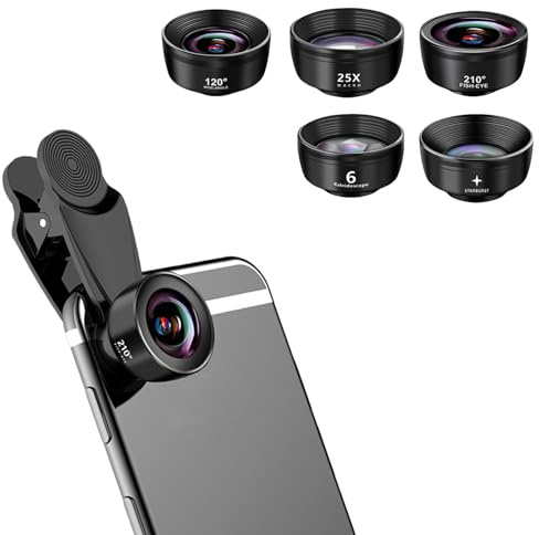 5-in-1 High-Definition-Handy-Kamera-Objektiv-Set, 120°-Weitwinkelobjektiv + 25-fach-Makro-Objektiv + 210°-Fischaugenobjektiv + CPL + 2X Teleobjektiv kompatibel für iPhone/Android/Handy und Tablet