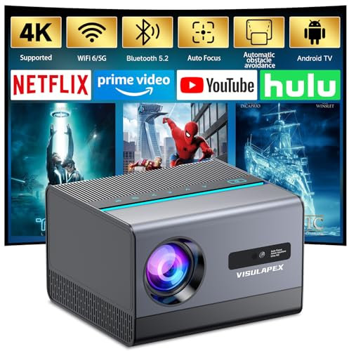 [Auto Focus & Built-in Apps] Smart Projector 4K Supported, Native 1080p, 1500 ANSI, 40,000 Lumens, WiFi 6, Bluetooth 5.2, HiFi Speakers, Android 12 TV - Ultimate Home Cinema from VISULAPEX U2